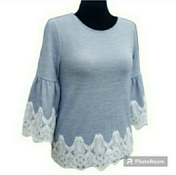 Chico's Top French Pinstripe Lantern Sleeve Blue White Stretch MED 🦋RETAIL $89- - Picture 3 of 11